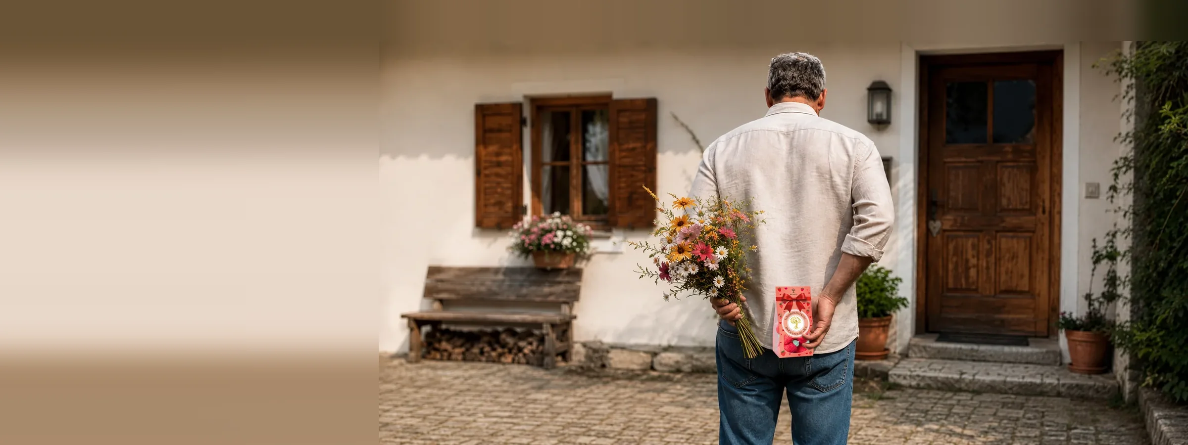 Mann steht vor einer Haustür und hält Blumen und eine NATURFEH Marshmallow-Tüte hinter dem Rücken