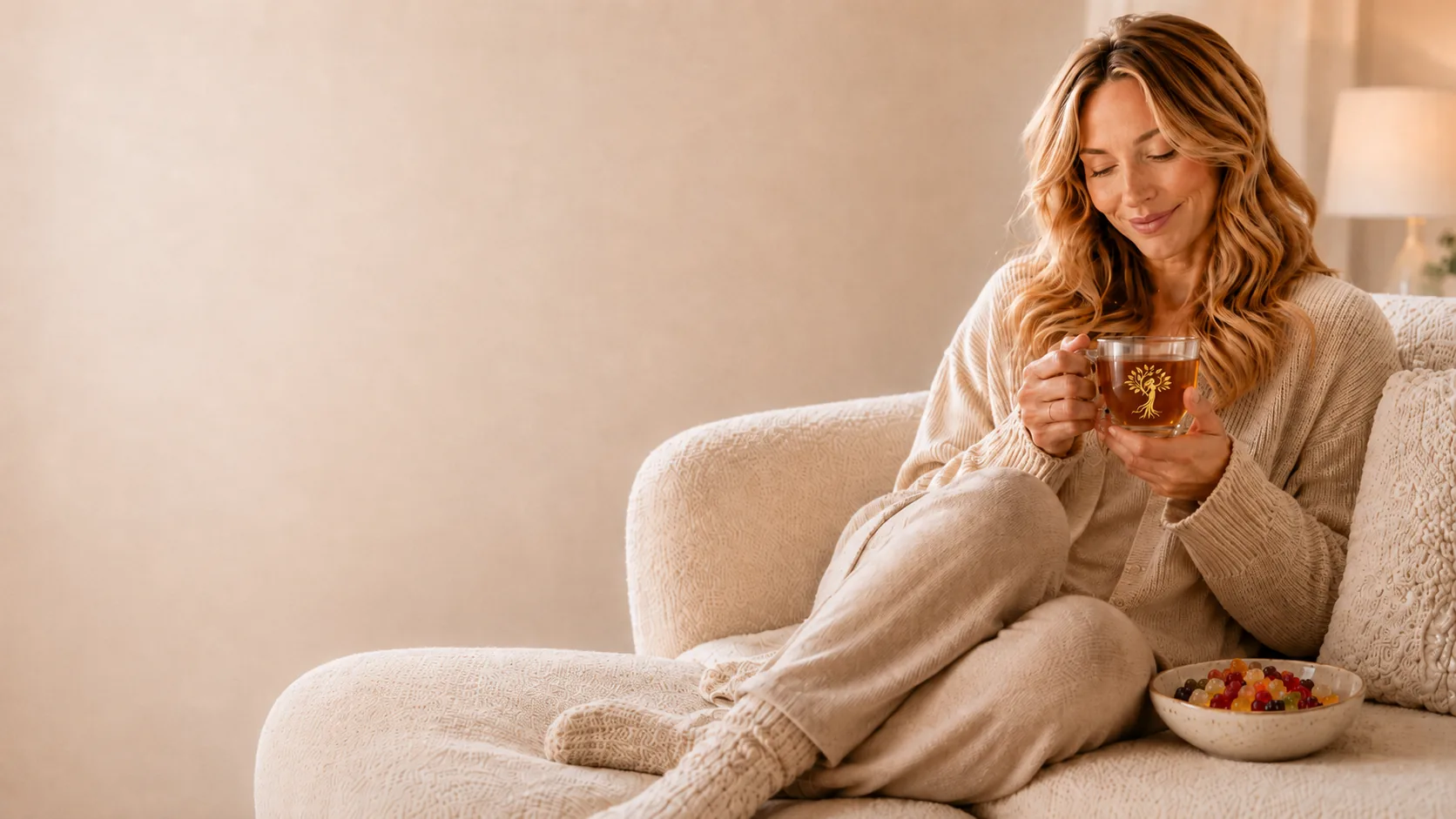 Frau sitzt entspannt auf dem Sofa mit einem NATURFEH Teeglas und einer Schale Fruchtgummi