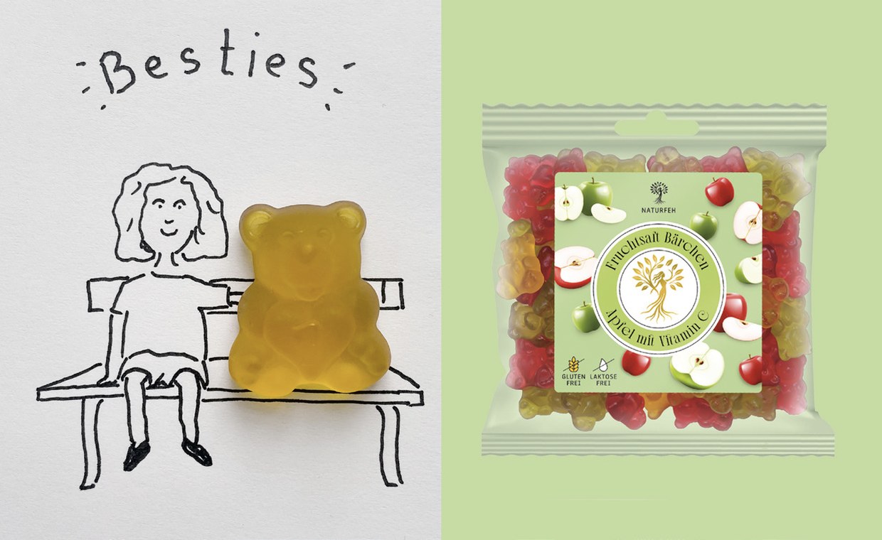 Illustration: Mädchen sitzt mit einem gelben NATURFEH Fruchtsaftbären auf einer Parkbank, daneben die Tüte Apfel-Fruchtsaftbären