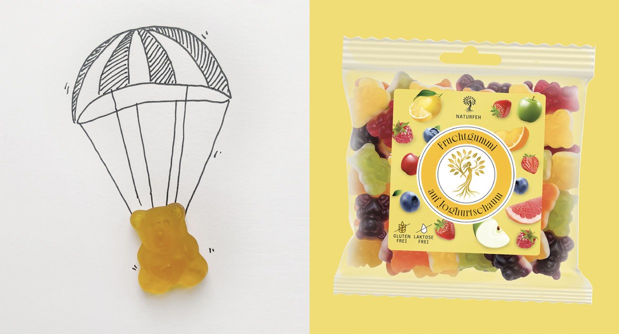 Illustration: gelber Fruchtsaftbär schwebt an einem gezeichneten Fallschirm, daneben die Tüte Fruchtgummi auf Joghurtschaum