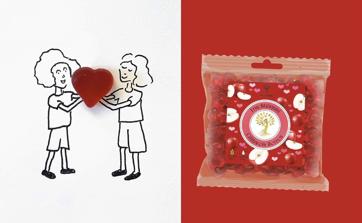 Illustration: zwei gezeichnete Figuren halten gemeinsam ein rotes Fruchtgummi-Herz, daneben die Tüte Glühwein-Herzen