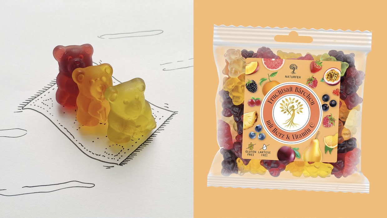 Illustration: drei NATURFEH Fruchtsaftbären sitzen auf einer gezeichneten Picknickdecke, daneben die Tüte Fruchtsaftbärchen mit Herz