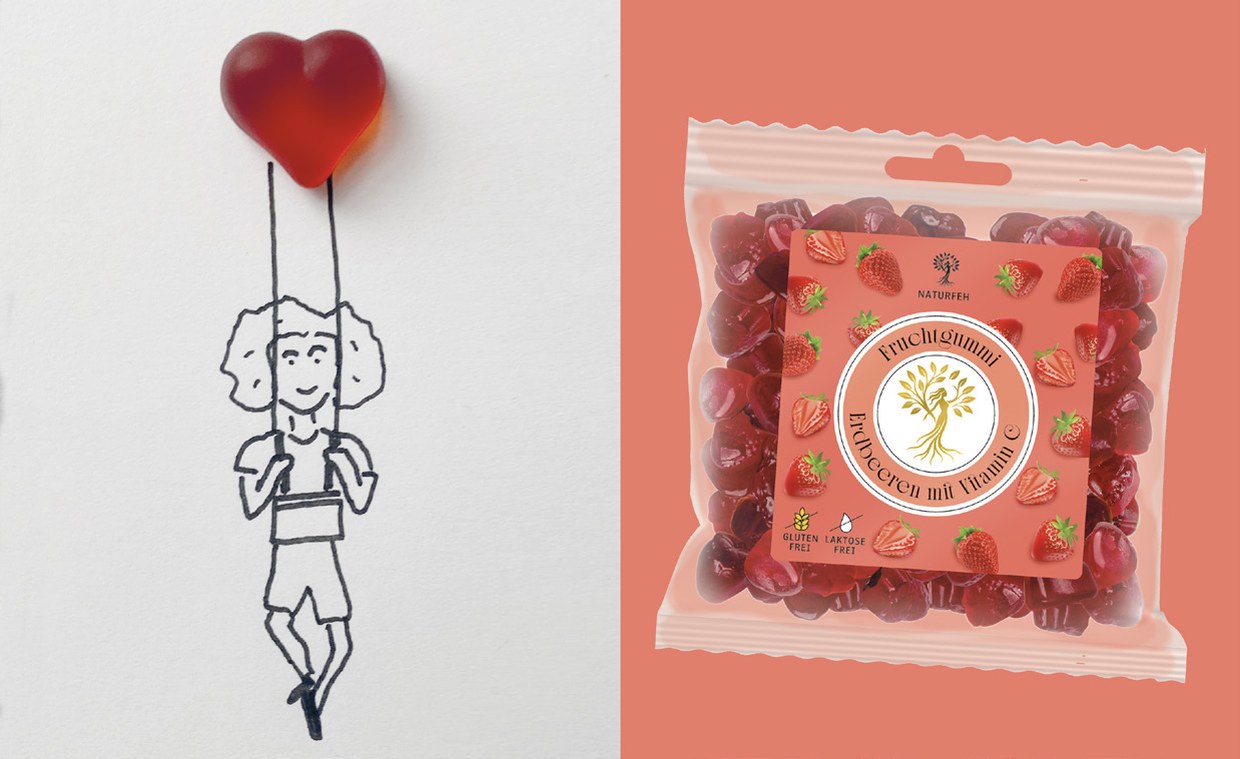 Illustration: gezeichnete Figur schwebt an einem roten Fruchtgummi-Herz, daneben die Tüte Erdbeeren mit Vitamin C
