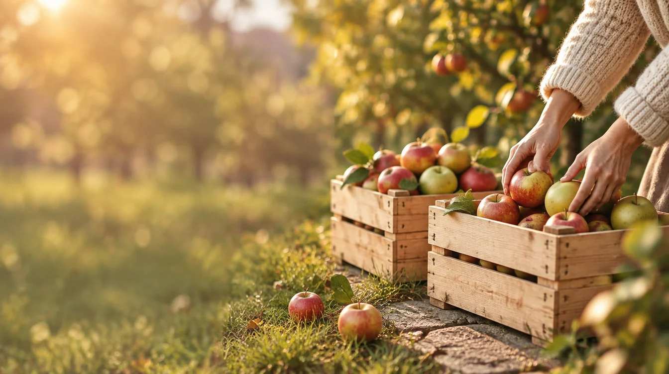 Hände legen frisch gepflückte Äpfel in eine Holzkiste im sonnigen Obstgarten