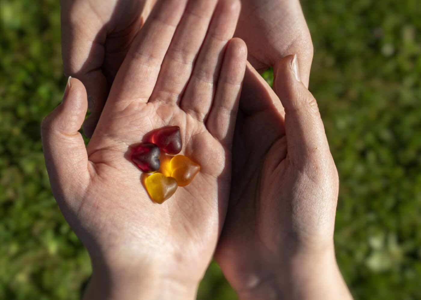 Zwei Hände halten gemeinsam NATURFEH Fruchtsaftherzen über einer Wiese