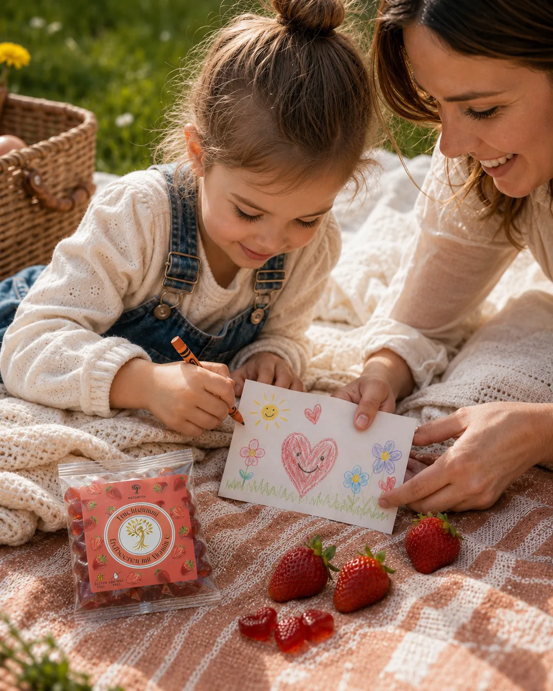 Mutter und Kind malen beim Picknick, daneben eine Tüte NATURFEH Fruchtgummi