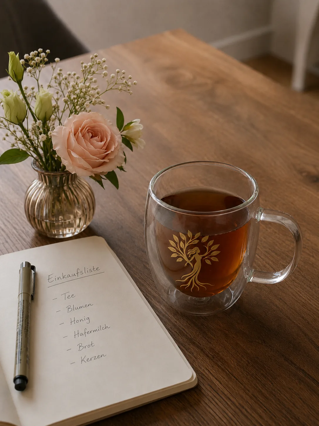 NATURFEH Teeglas neben Notizbuch und Blumen auf einem Holztisch