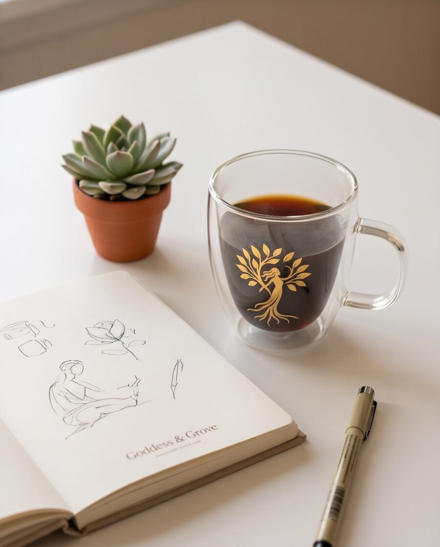 NATURFEH Teeglas neben einem aufgeschlagenen Skizzenbuch und einer kleinen Sukkulente