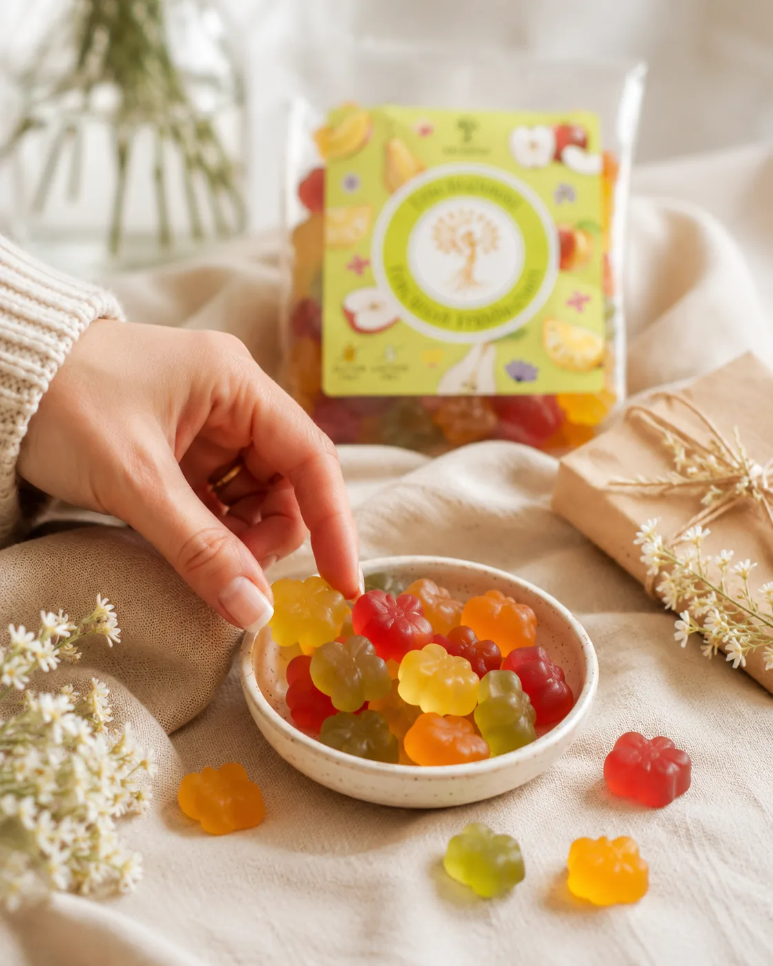 Hand nimmt NATURFEH Fruchtsaftbären aus einer Schale, daneben die Tüte