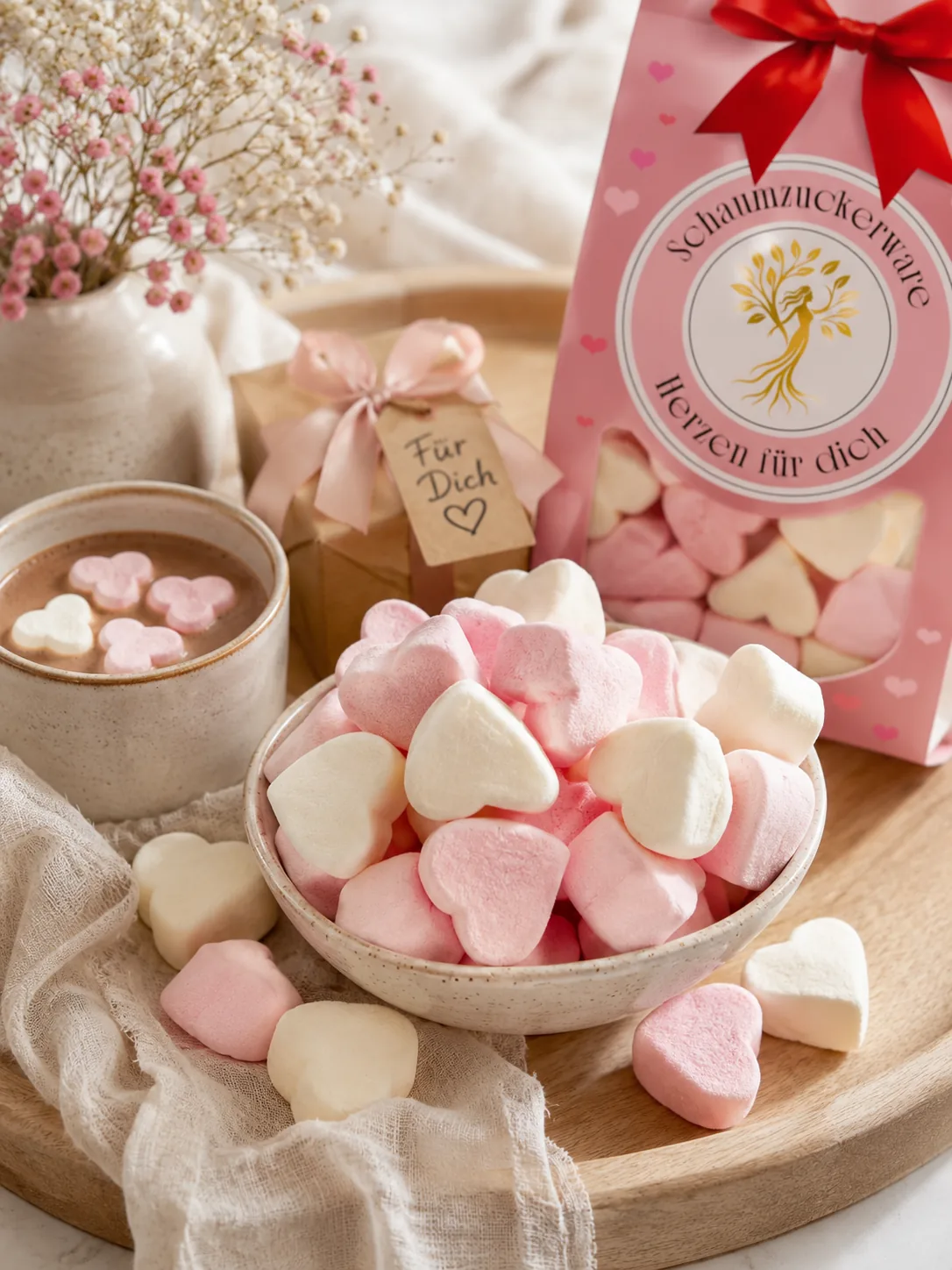 NATURFEH Marshmallow-Herzen in einer Schale neben einer Tasse Kakao