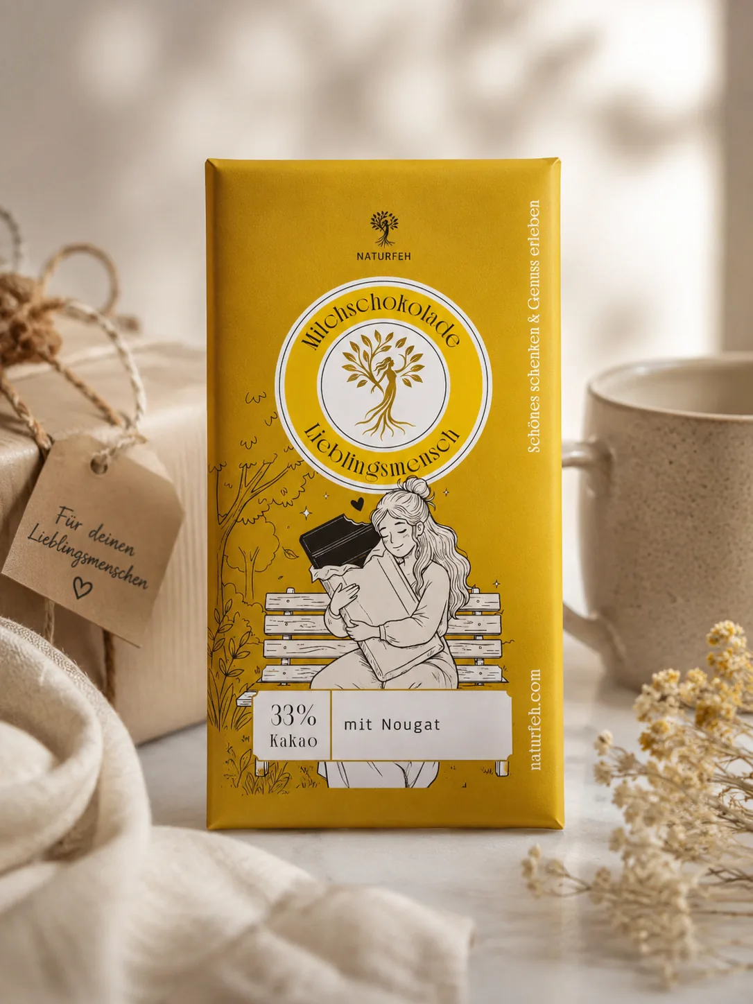 NATURFEH Milchschokolade Lieblingsmensch neben einem in Papier verpackten Geschenk