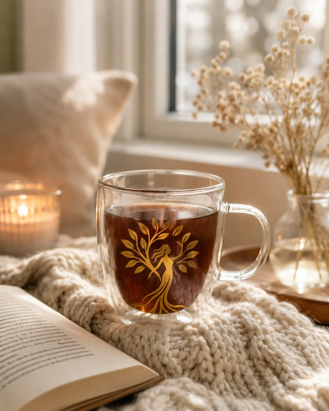 NATURFEH Teeglas auf einer Fensterbank neben Buch und Kerze